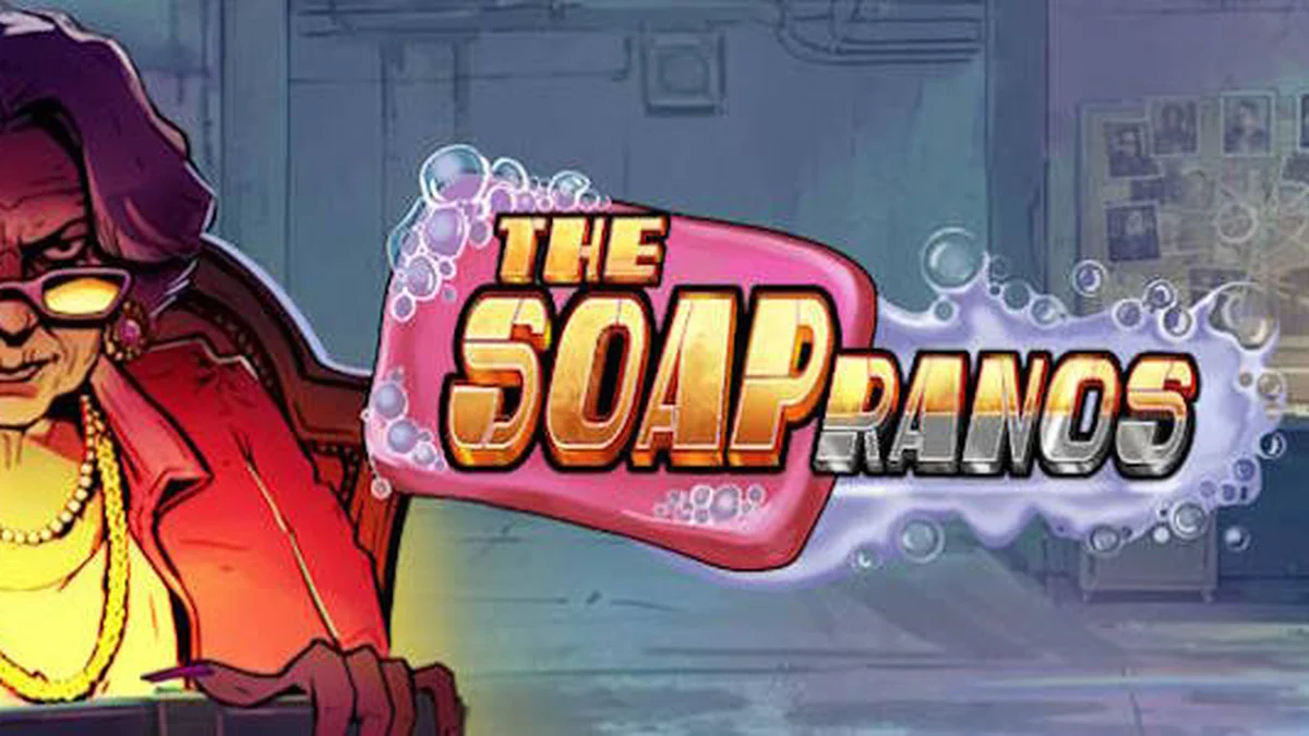 Tampilan visual intens dari permainan slot Soapranos dengan elemen neon dan grid 5x3.