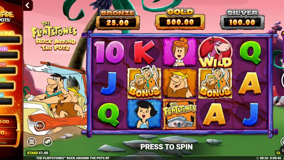 The Flintstones: Rock Around The Pots slot machine interface featuring Fred and Barney