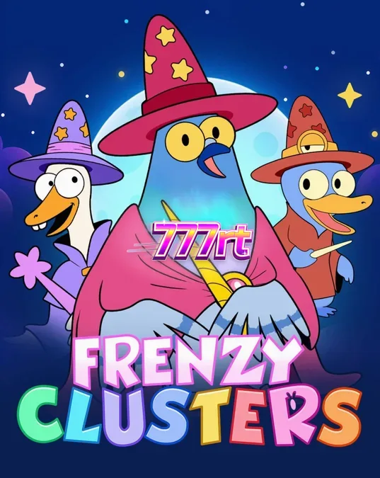 Tampilan visual slot Frenzy Clusters dengan karakter pahlawan dan grid 7x7